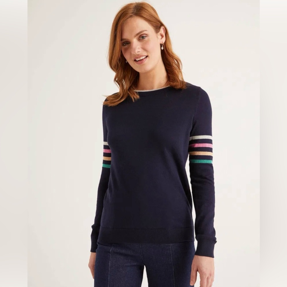 Boden navy crewneck Banbury Sparkle Sweater with Striped Sleeves